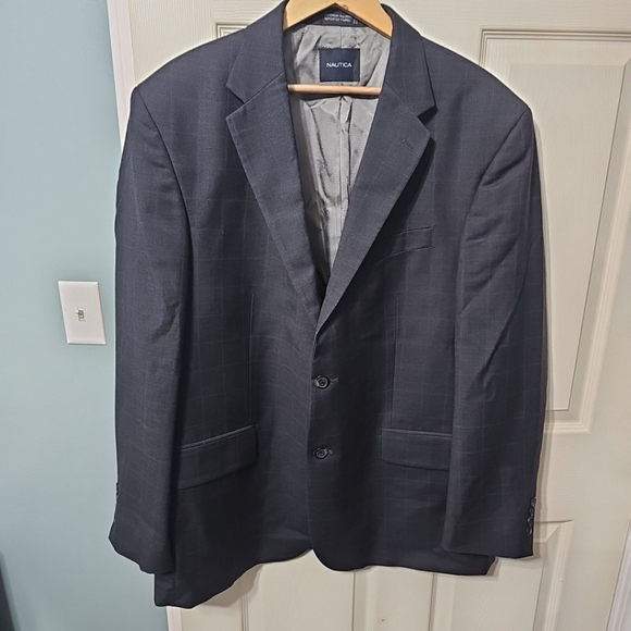 NAUTICA Men's Charcoal‎ Gray Blue Windowpane Sport Coat 46R EUC - Picture 1 of 12